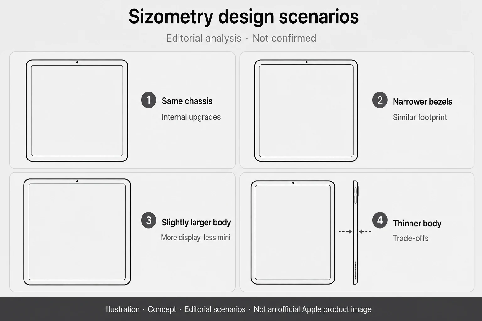 Four editorial design scenarios for a next iPad mini: Same Chassis, Similar Footprint With Narrower Bezels, Slightly Larger Display and Body, and Thinner Body With Packaging Trade-offs — Illustration, Concept, editorial analysis, not an official Apple product image