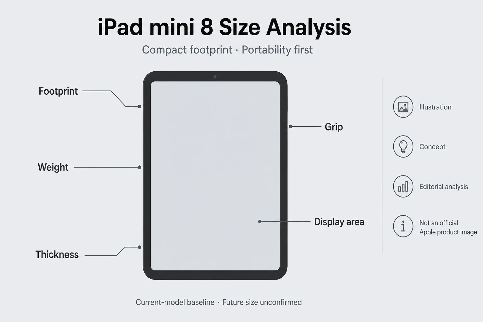 Editorial illustration of compact-tablet size analysis with footprint, weight, thickness, grip, and display-area callouts — Concept, Editorial analysis, not an official Apple product image