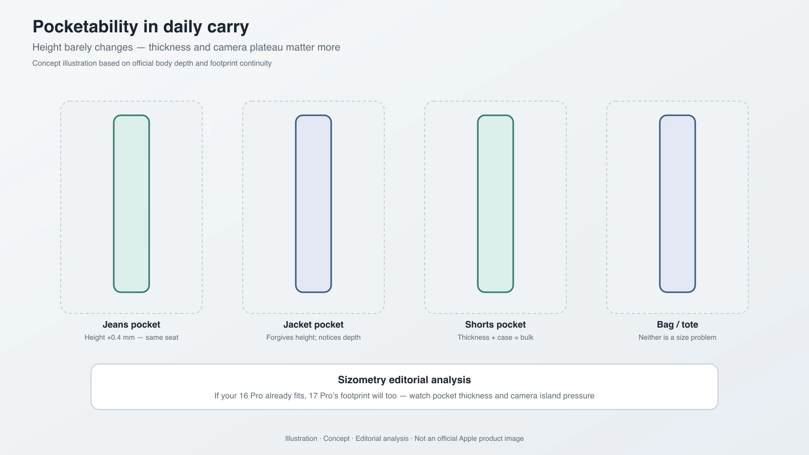 Pocket carry illustration for jeans, jacket, shorts, and bag — editorial concept focused on thickness and fit, not an Apple product image