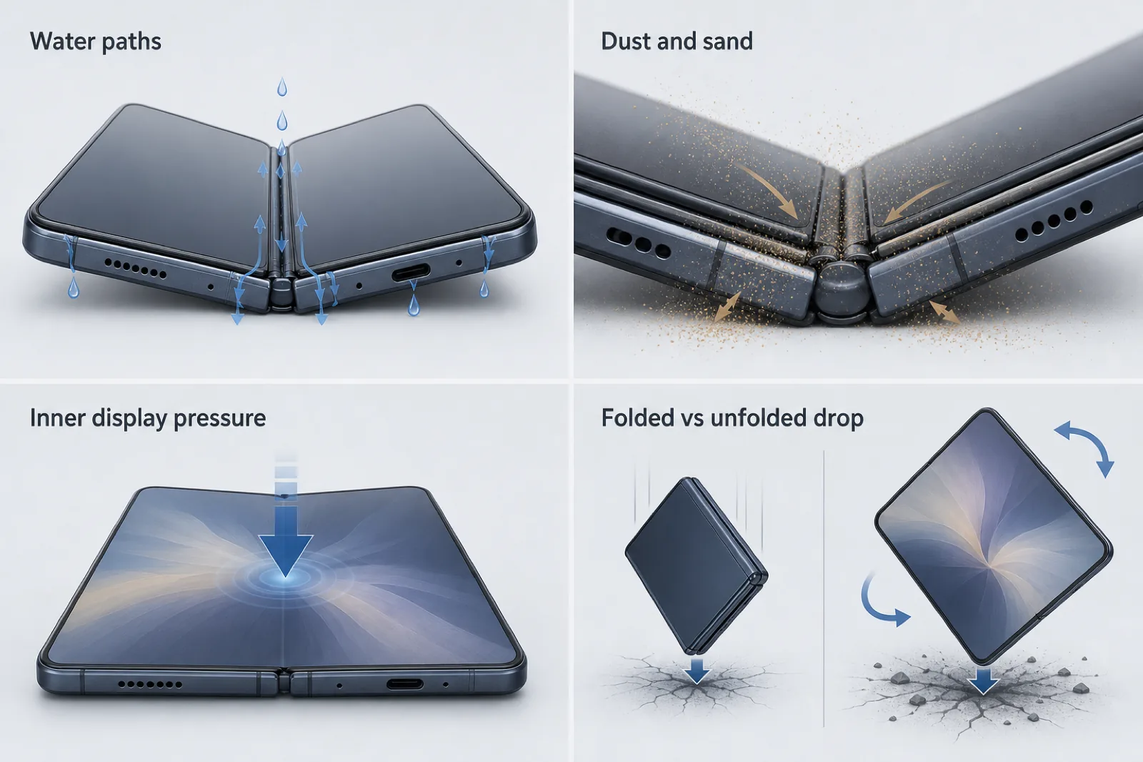 Concept diagram of foldable durability risks: water paths, dust intrusion, inner-display pressure, and folded versus unfolded drop loads — Illustration, Analytical, Concept, not measured test results, not an official Apple product image