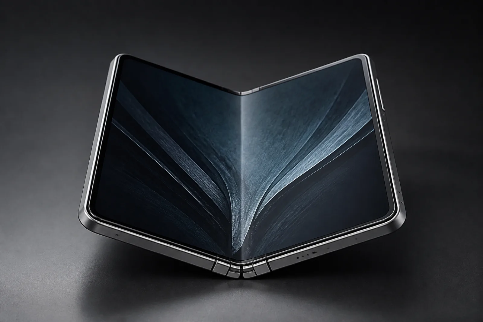Concept rendering of a book-style foldable partially open with a visible hinge and two thin chassis halves — Illustration, Concept, Rumored, not an official Apple product image