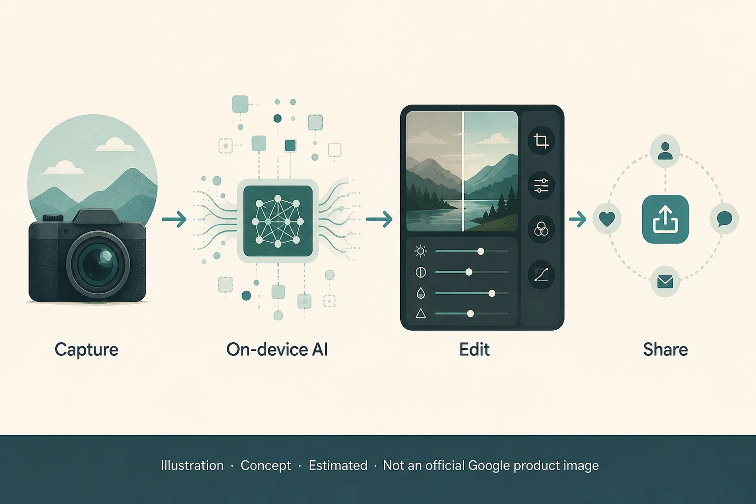 Editorial illustration of an AI photography workflow from capture through on-device processing to editing and sharing — concept diagram, not an official Google product image