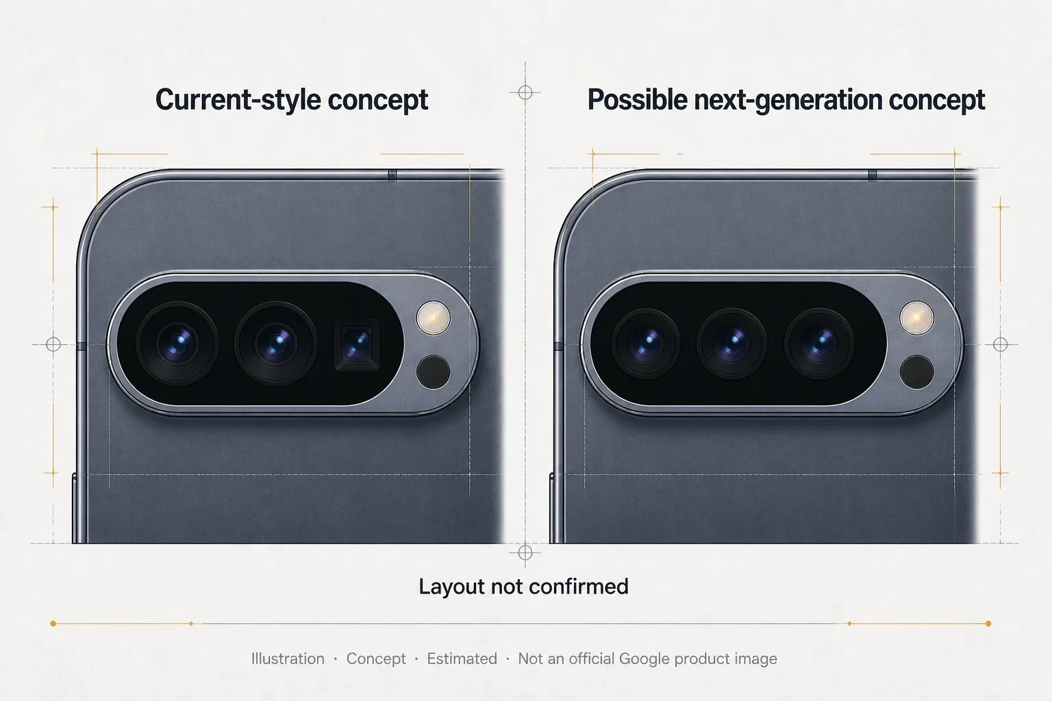 Concept comparison of current-style and possible next-generation smartphone camera modules — estimated illustration, layout not confirmed, not an official Google product image