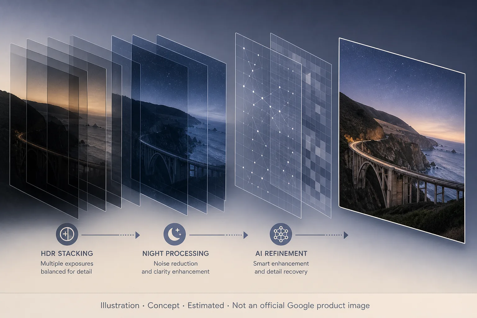 Editorial illustration of computational photography layers merging HDR, night processing, and AI refinement — concept diagram, not an official Google product image