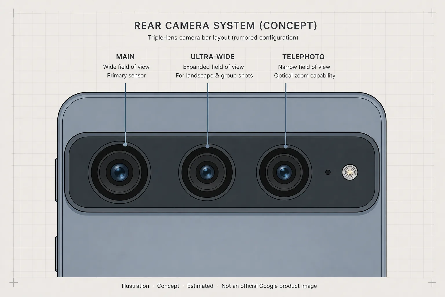 Illustration of an estimated Pixel-style rear camera layout with main, ultra-wide, and telephoto lenses — concept diagram, not an official Google product image