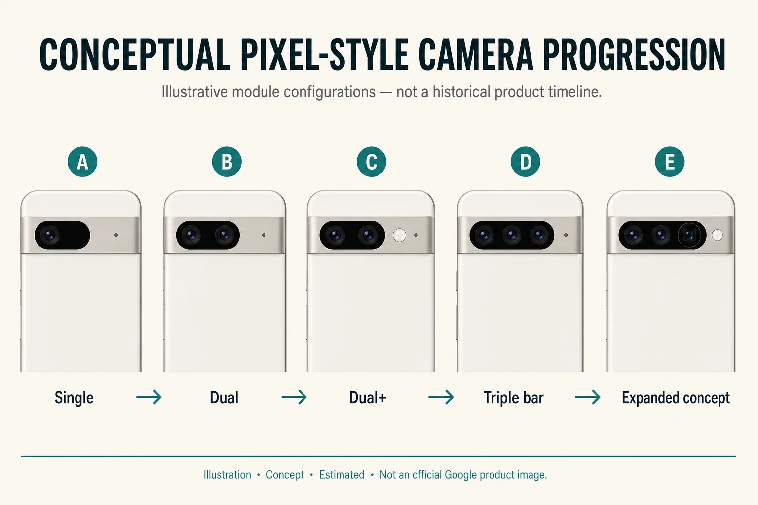 Conceptual Pixel-style camera progression illustration showing illustrative module configurations — not a historical product timeline, not an official Google product image