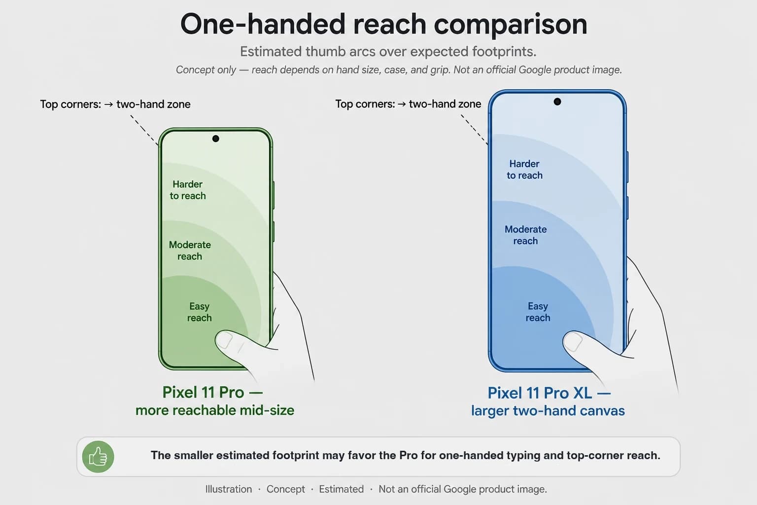 Illustration of estimated thumb reach arcs over Pixel 11 Pro and Pixel 11 Pro XL footprints — concept, estimated, not an official Google product image
