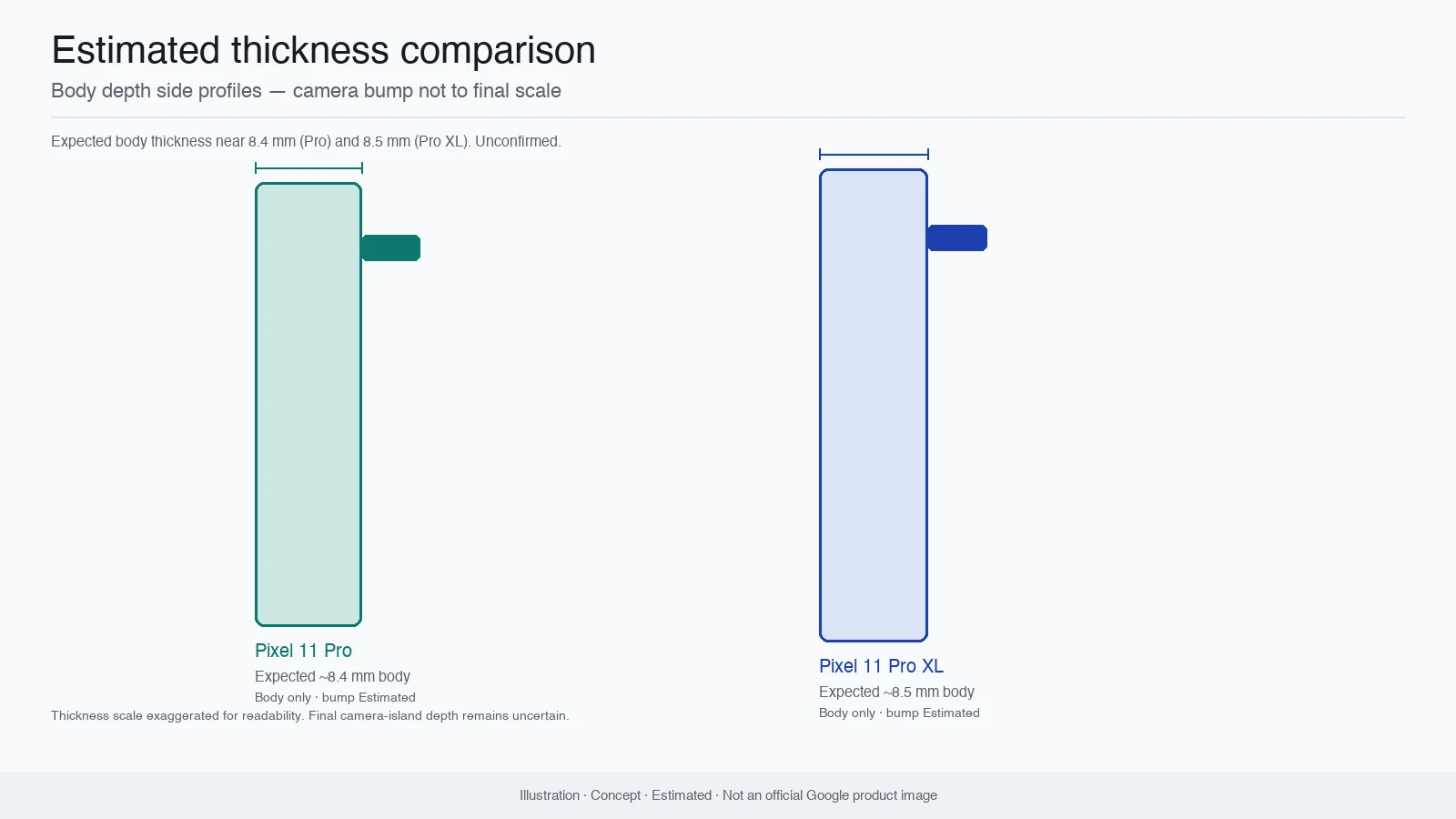 Illustration of estimated Pixel 11 Pro and Pixel 11 Pro XL side profiles comparing expected body thickness — concept, estimated, not an official Google product image