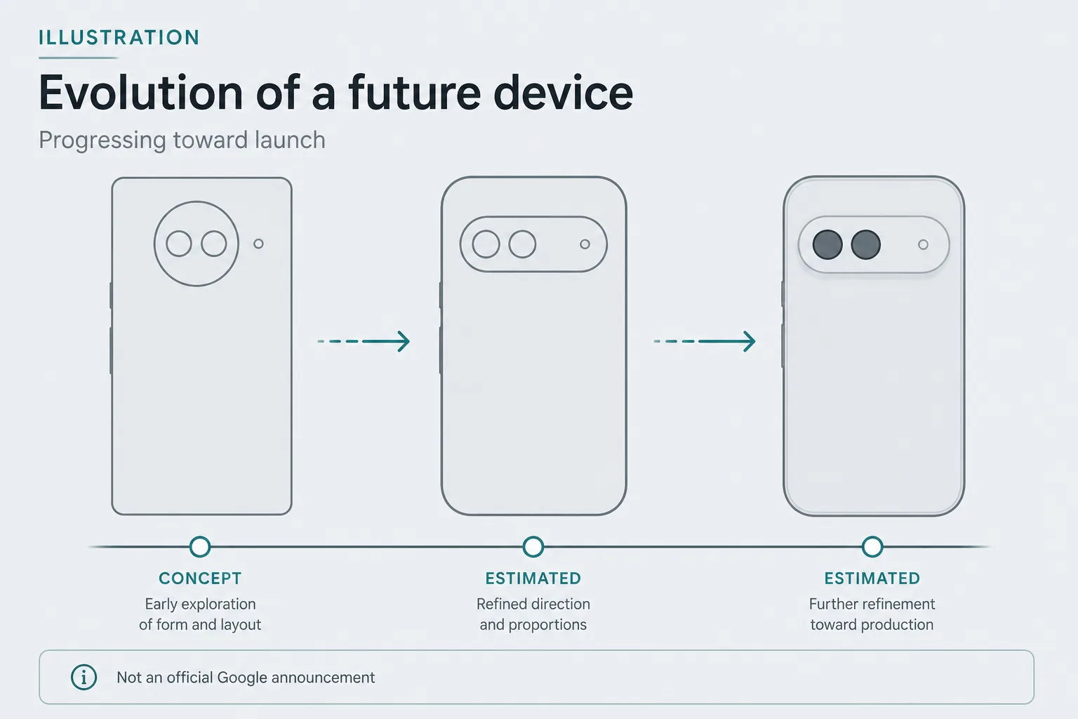 Illustration of Pixel launch evolution as abstract phone silhouettes progressing across generations — estimated concept graphic, not an official Google announcement