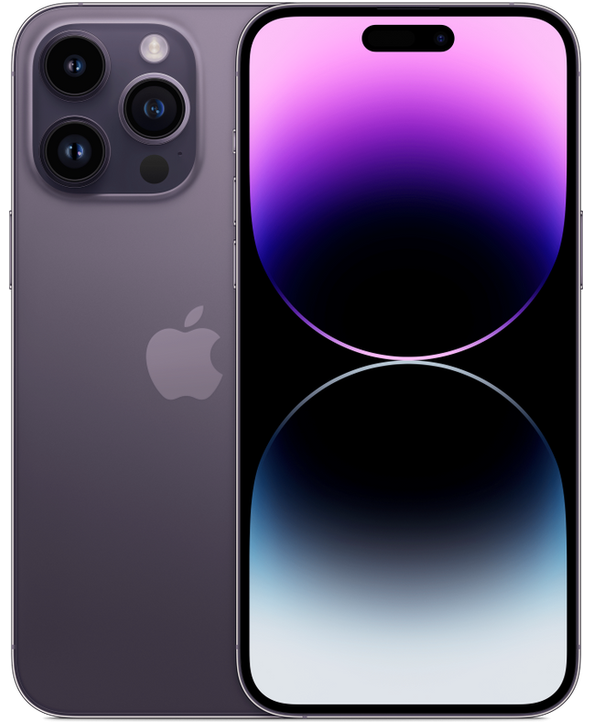 iPhone 14 Pro Max en Morado, vista Front + Back