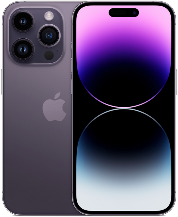 iPhone 14 Pro en Morado, vista Front + Back