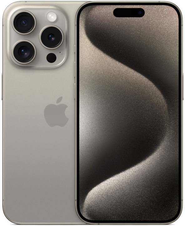 iPhone 15 Pro in Natural Titanium, Front + Back view