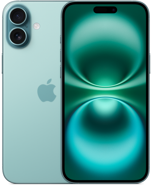 iPhone 16 Plus in Teal, front and back view