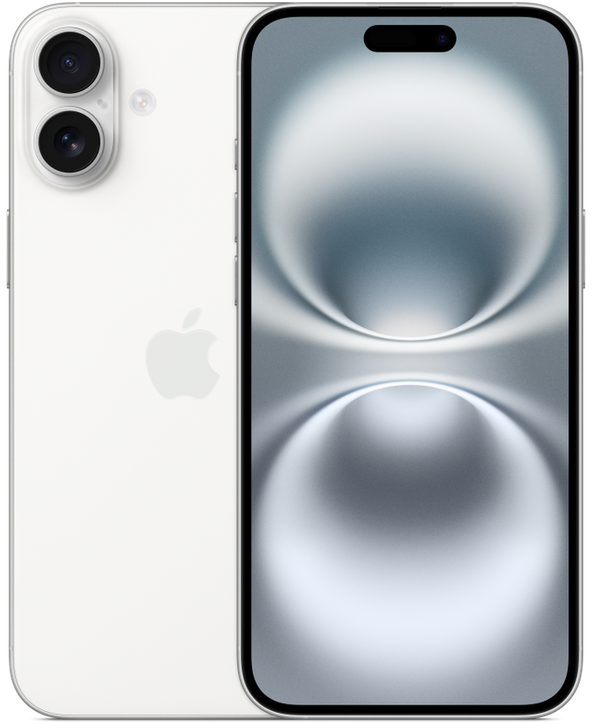iPhone 16 Plus in White, front and back view