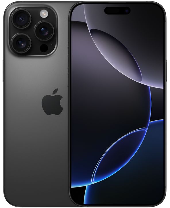 iPhone 16 Pro Max in Black Titanium, front and back view
