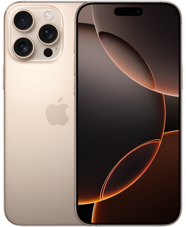 iPhone 16 Pro Max in Desert Titanium, front and back view