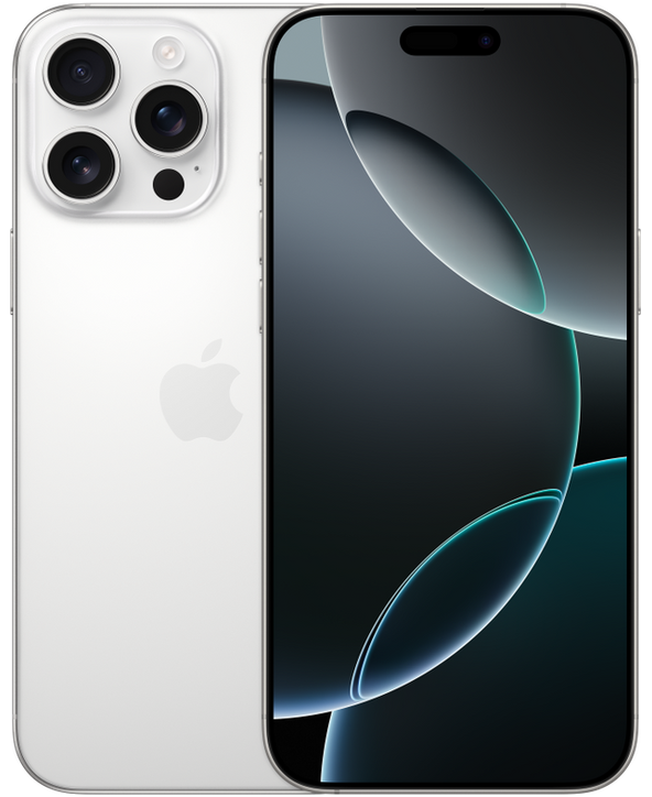 iPhone 16 Pro Max in White Titanium, front and back view