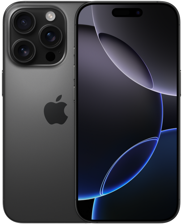 iPhone 16 Pro in Black Titanium, front and back view