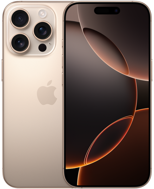 iPhone 16 Pro in Desert Titanium, front and back view
