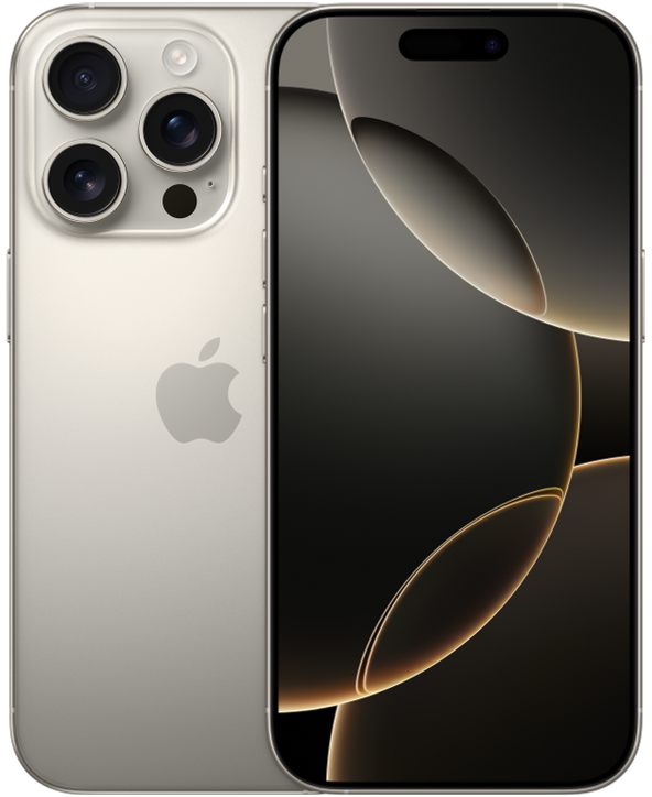 iPhone 16 Pro in Natural Titanium, Front + Back view
