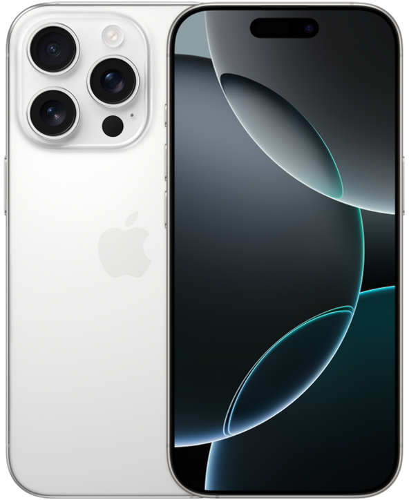 iPhone 16 Pro in White Titanium, front and back view