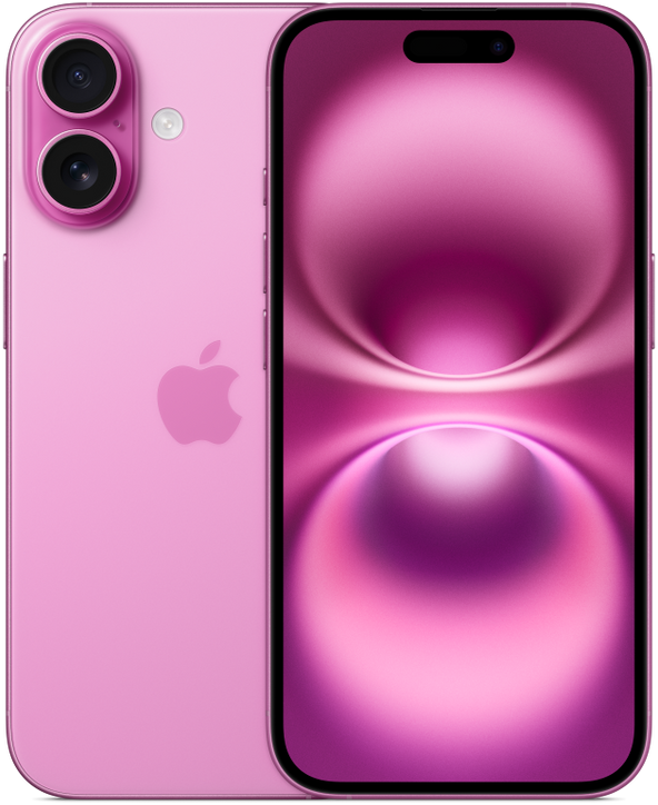 iPhone 16 in Pink, front and back view