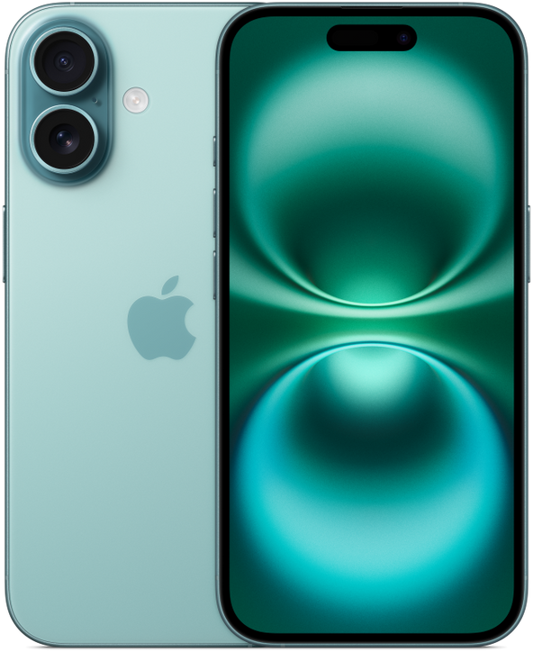 iPhone 16 in Teal, front and back view