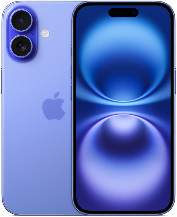 iPhone 16 in Ultramarine, Front + Back view