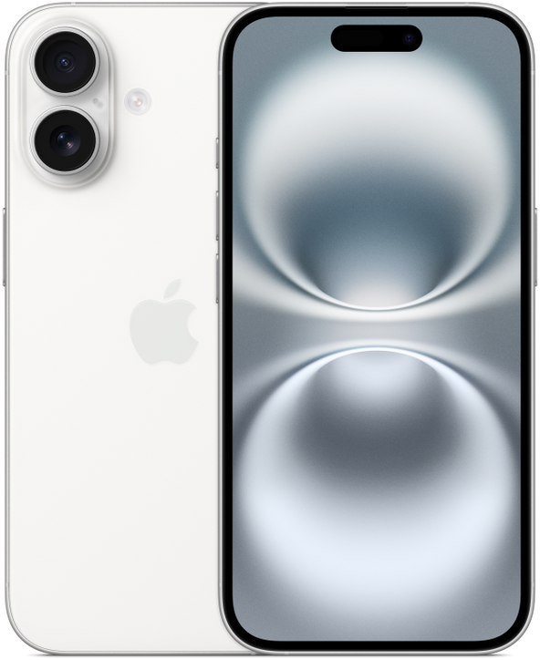 iPhone 16 in White, front and back view