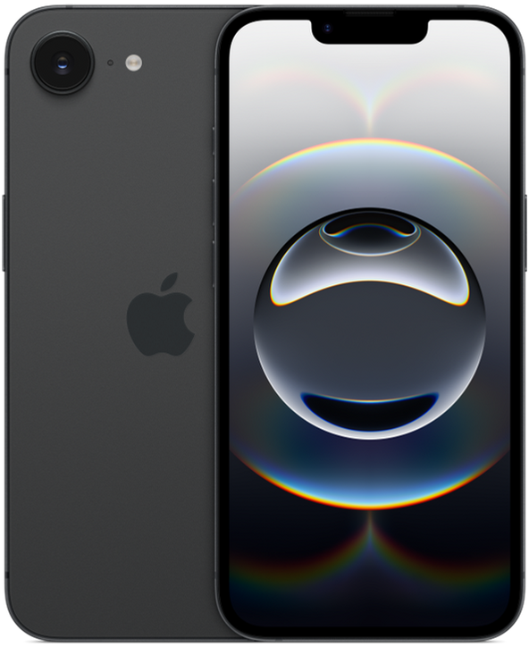 iPhone 16e in Black, Front + Back view