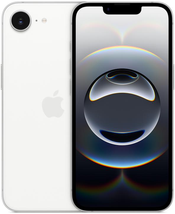 iPhone 16e in White, front and back view