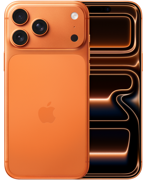 iPhone 17 Pro Max en Naranja, vista Front + Back