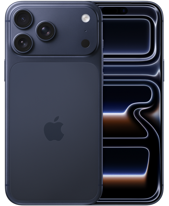 iPhone 17 Pro Max in Deep Blue, front and back view