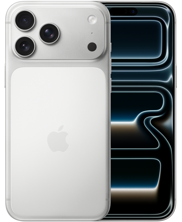 iPhone 17 Pro Max in Silver, front and back view