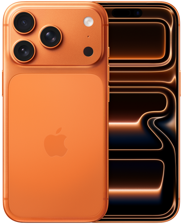 iPhone 17 Pro in Cosmic Orange, Front + Back view