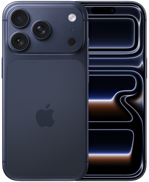 iPhone 17 Pro in Deep Blue, front and back view
