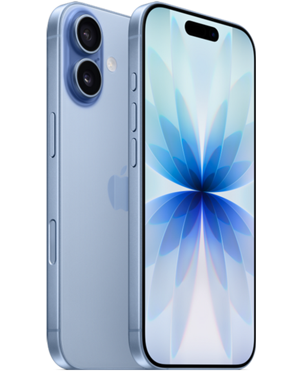 iPhone 17 in Mist Blue, front and back view