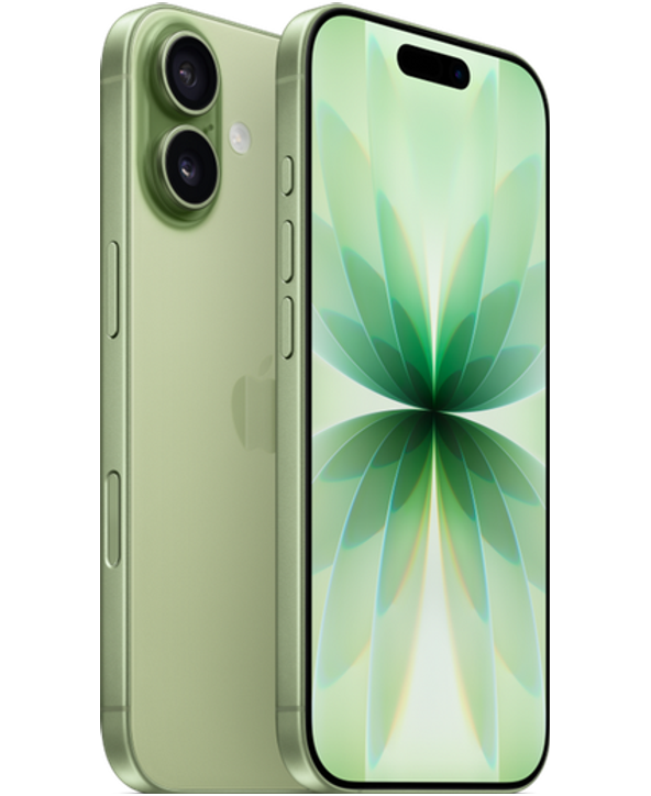iPhone 17 in Sage, front and back view