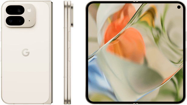 Pixel 9 Pro Fold in Porcelain, back + side + open display