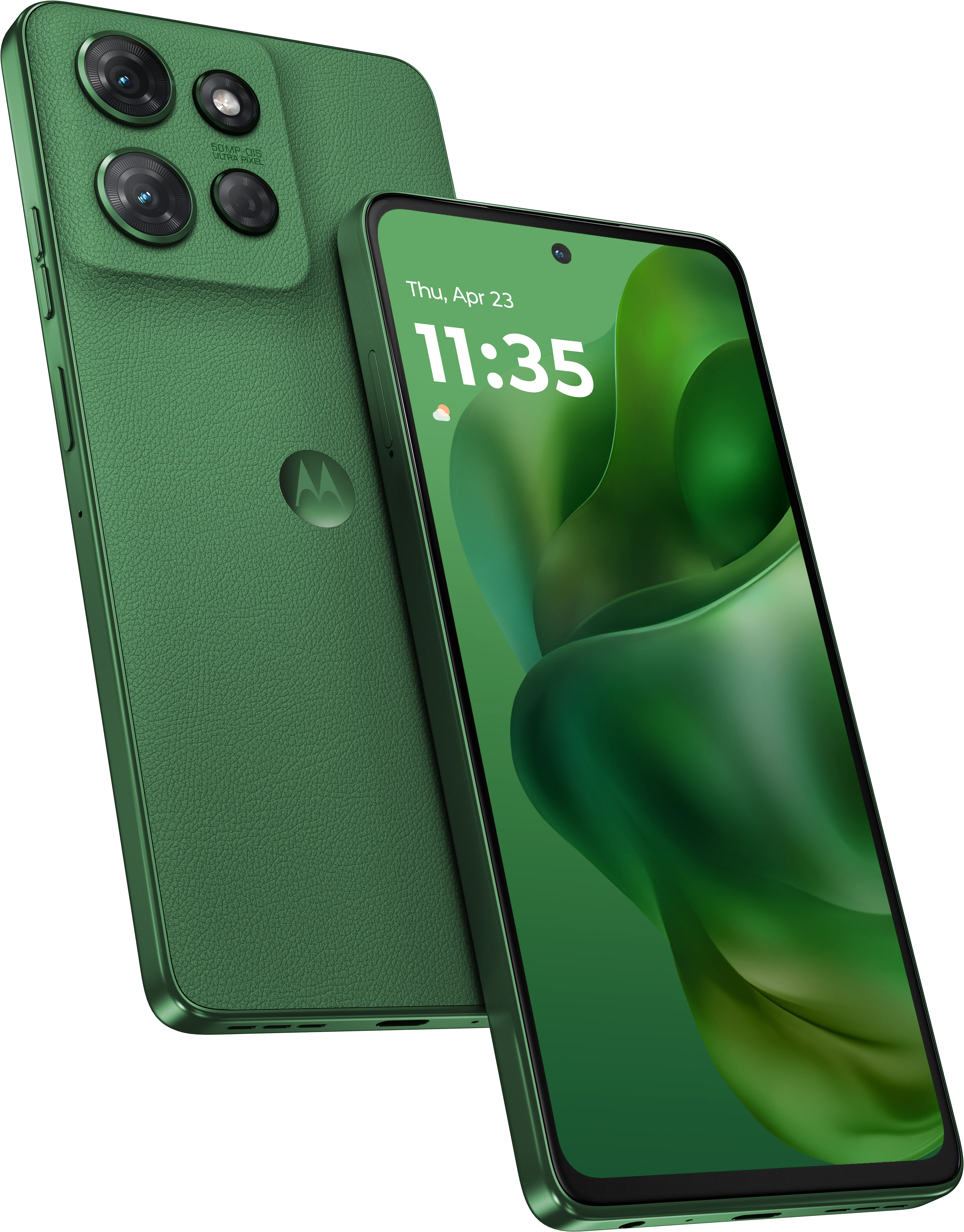 moto g power in Leaf Green, Front + Back view