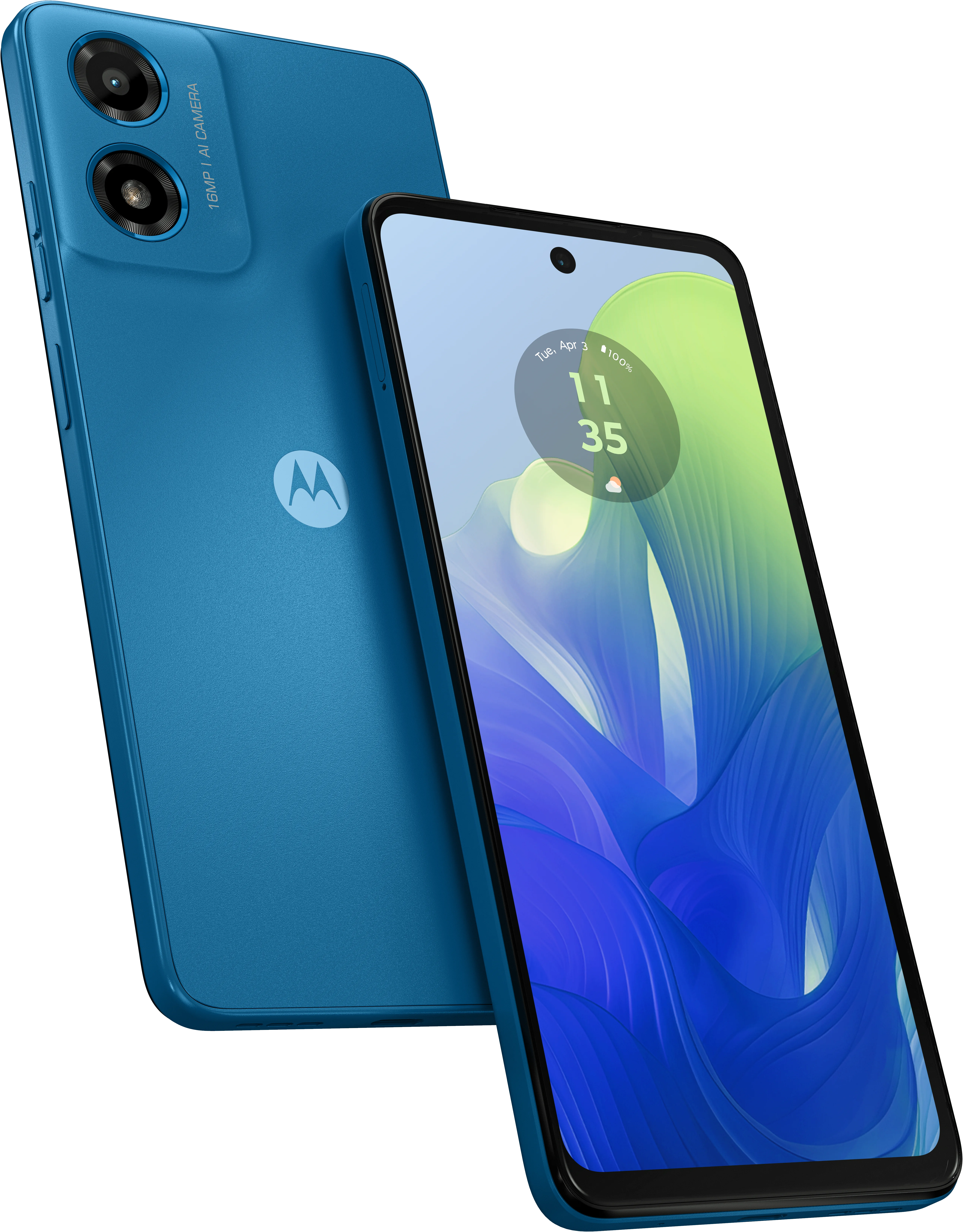 moto g04 in Satin Blue, front and back view