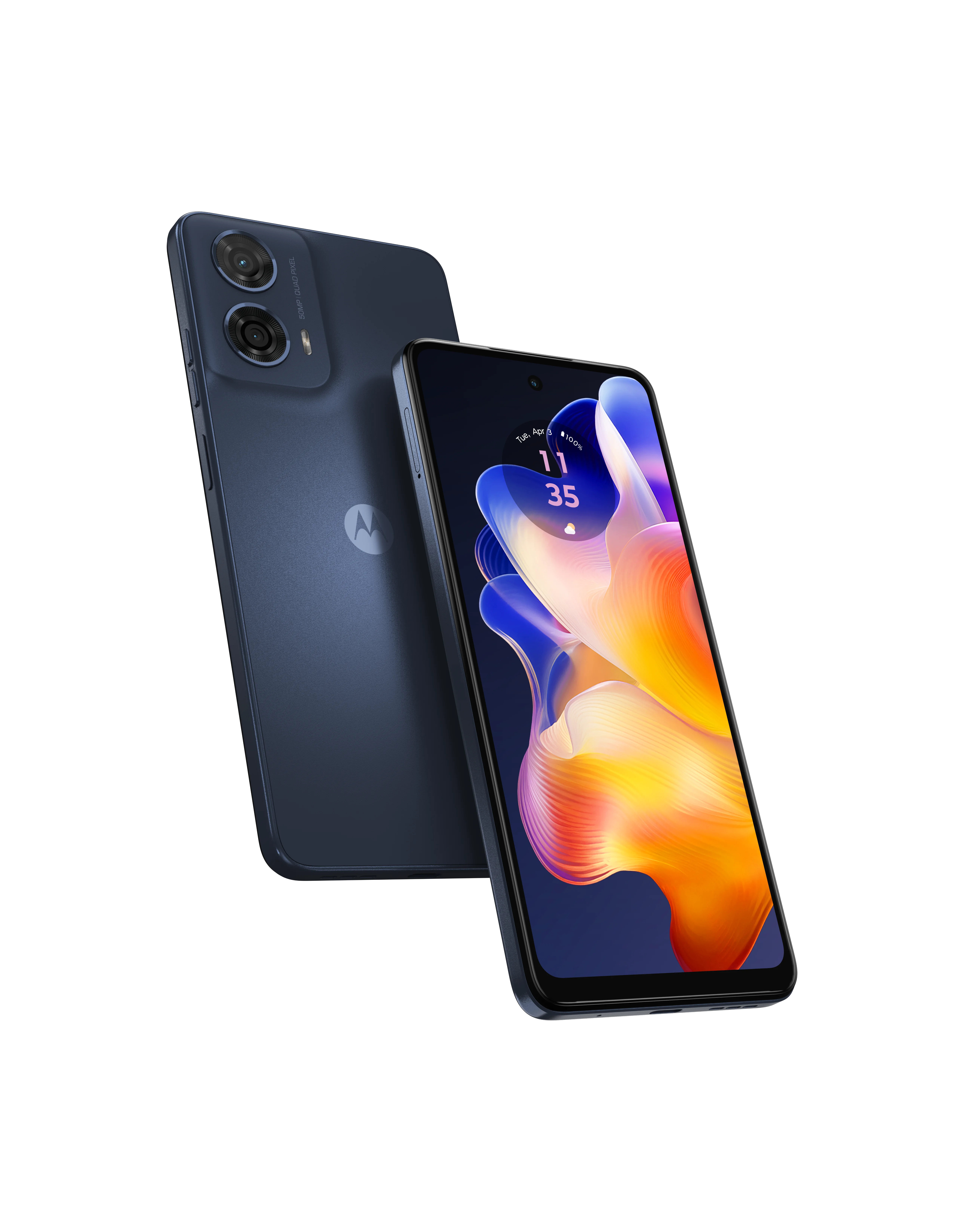 moto g24 in Blueberry, Front + Back view