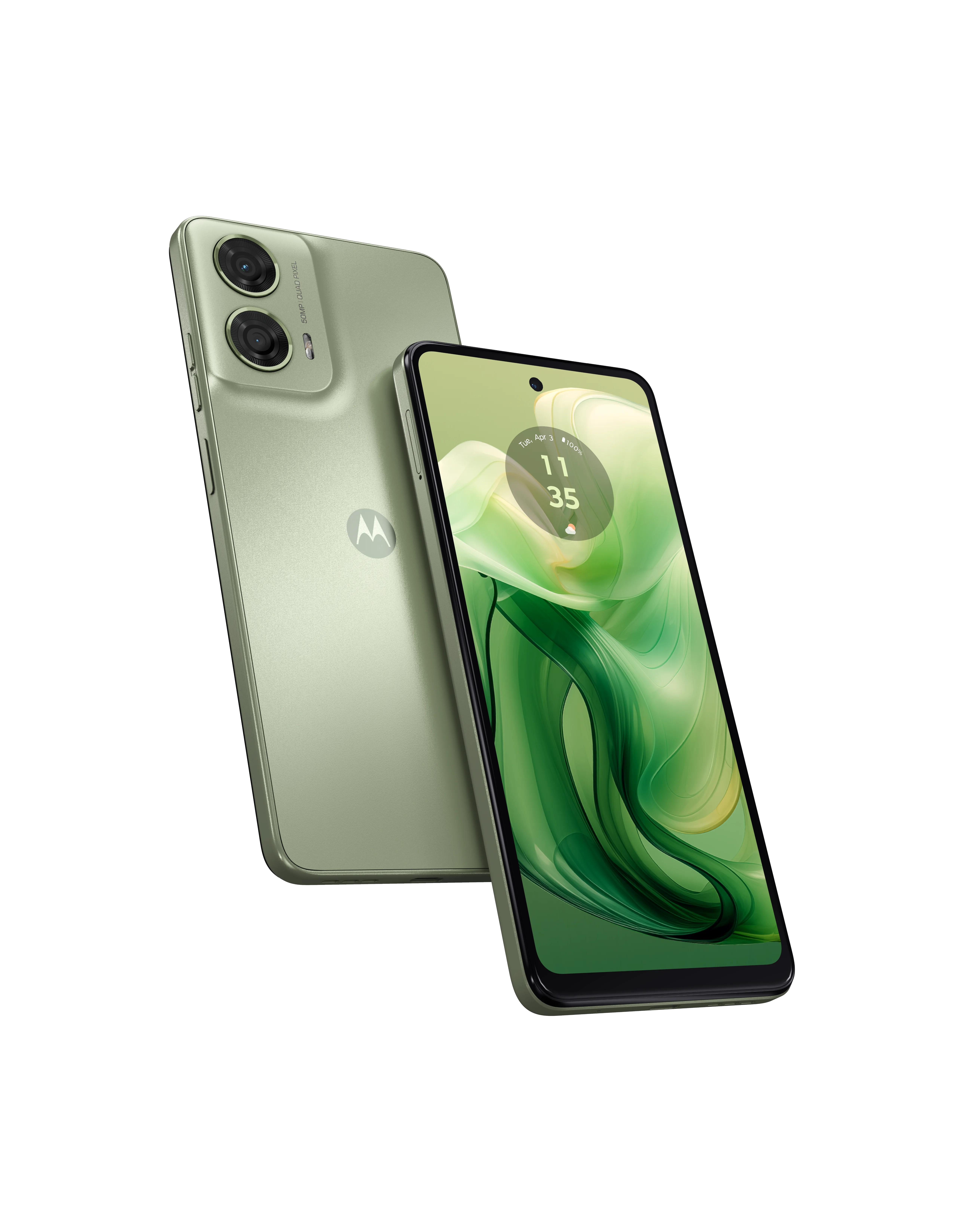 moto g24 in Ice Green, front and back view