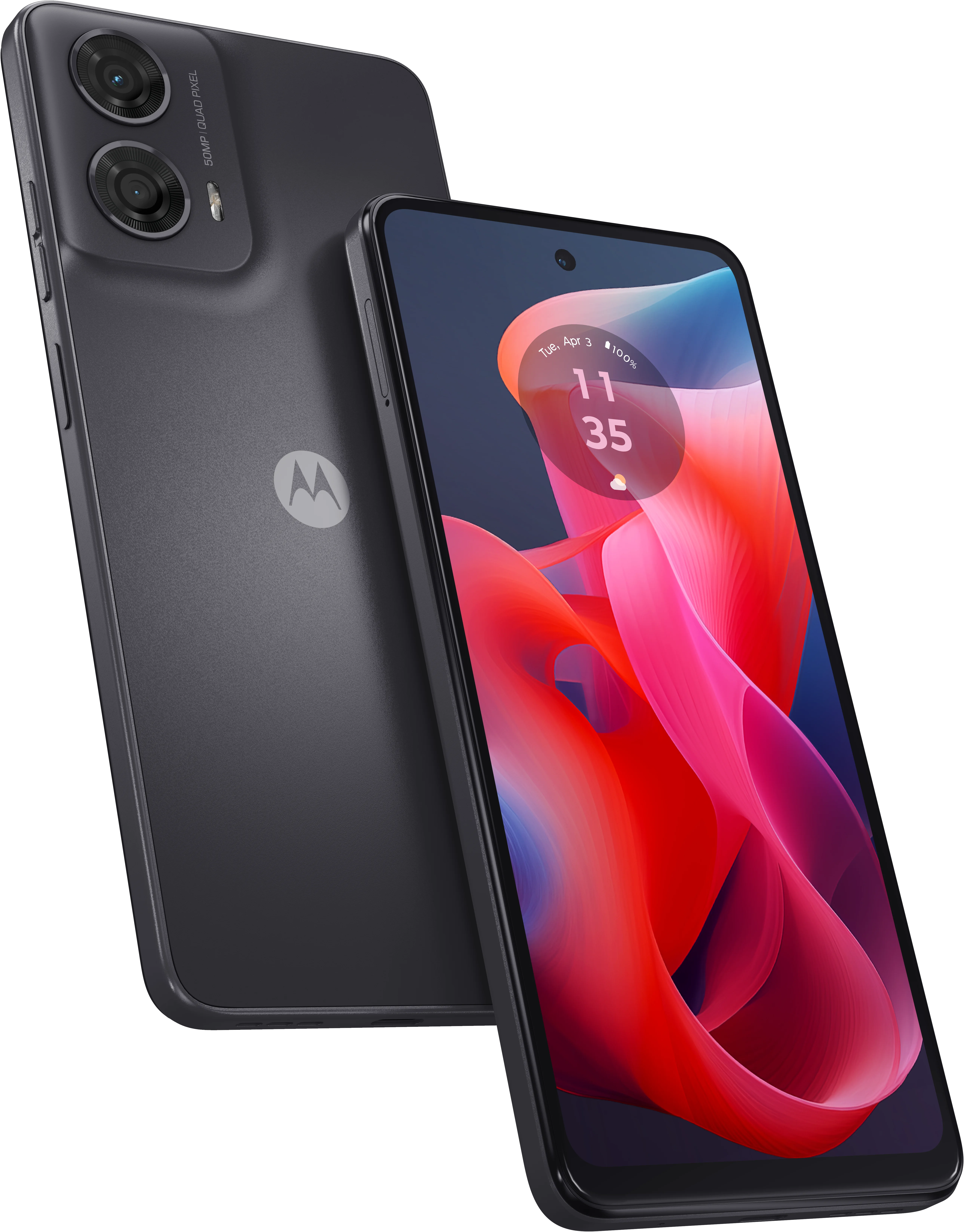 moto g24 in Matte Charcoal, front and back view