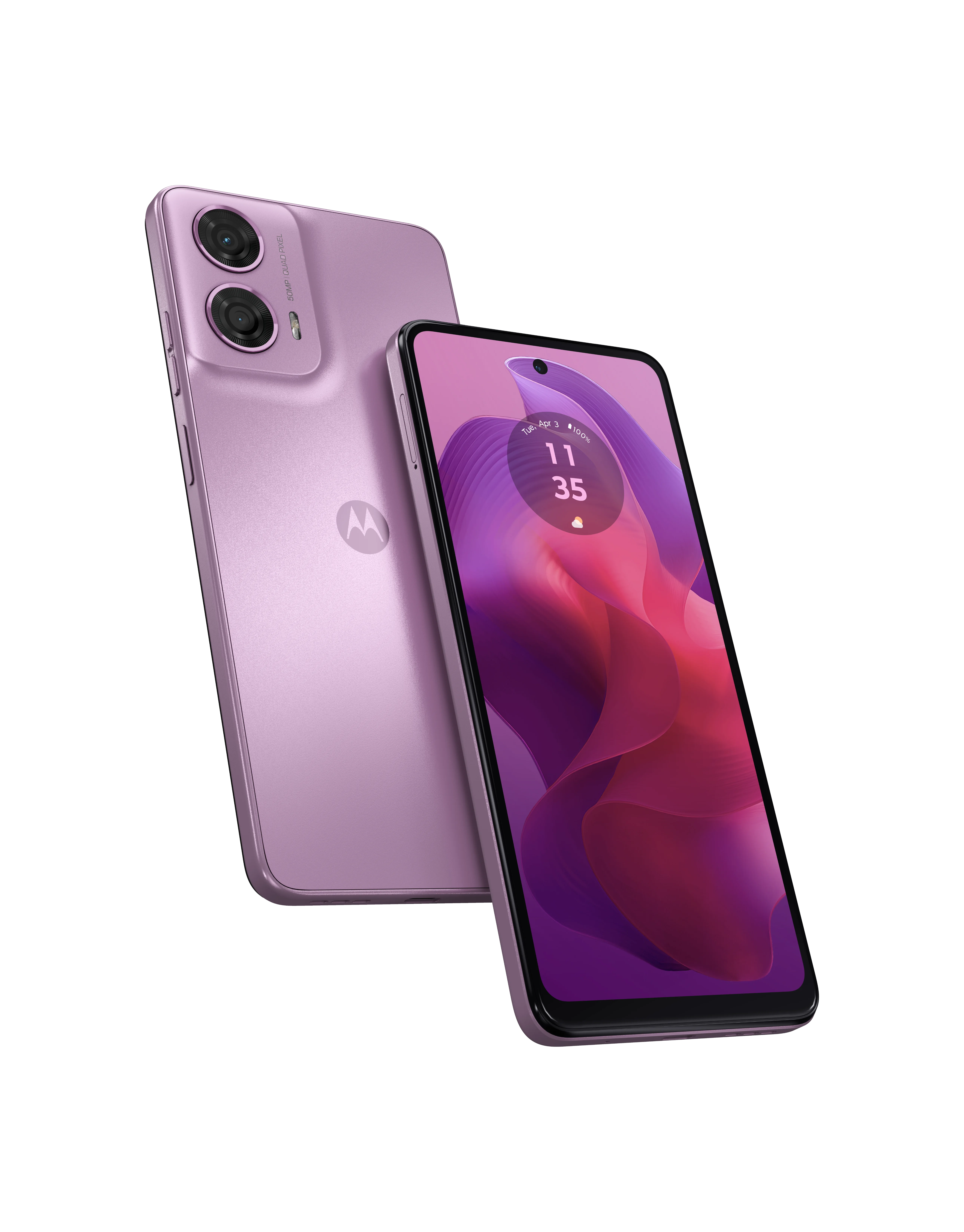moto g24 in Pink Lavender, front and back view