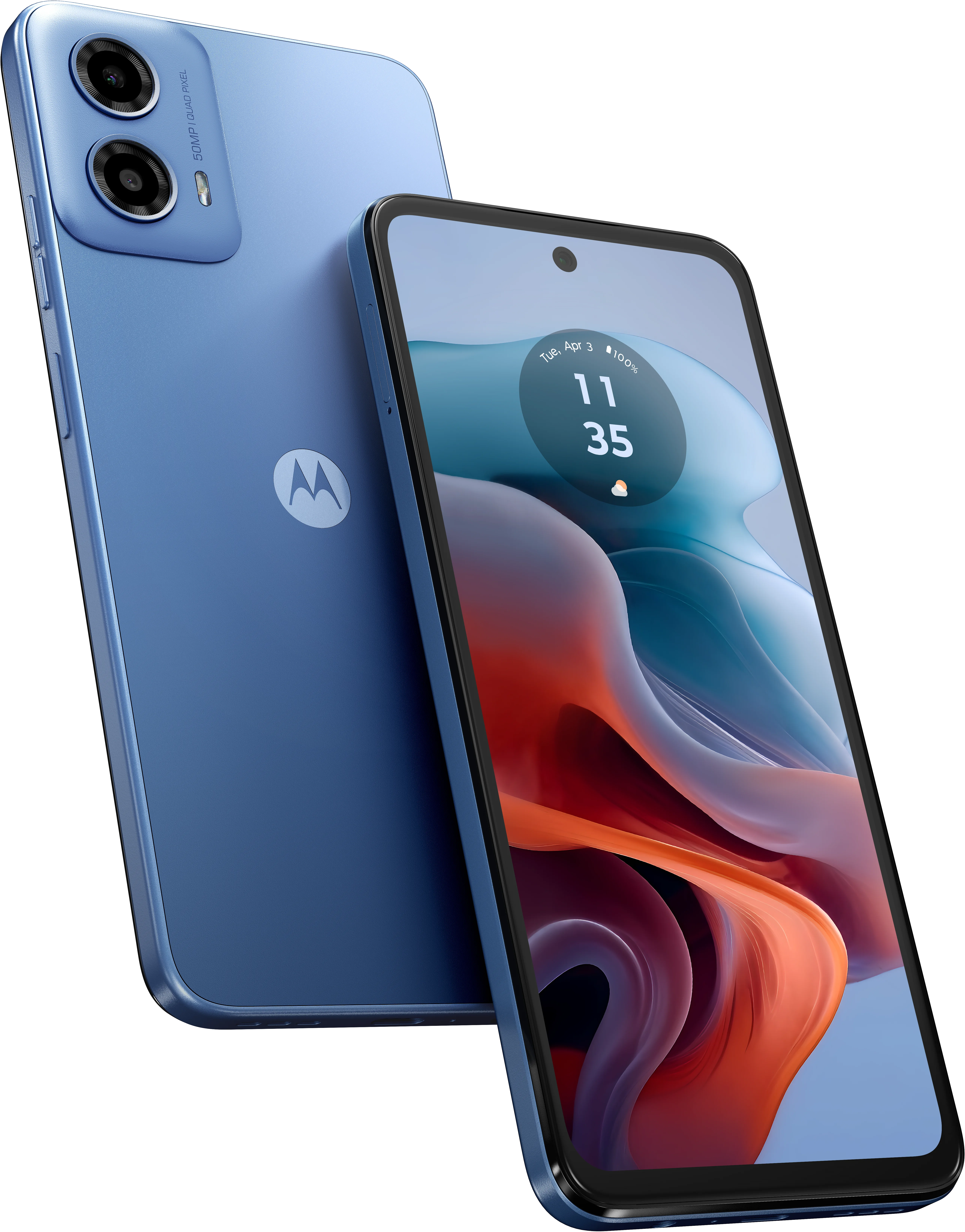 moto g34 in Ice Blue, front and back view
