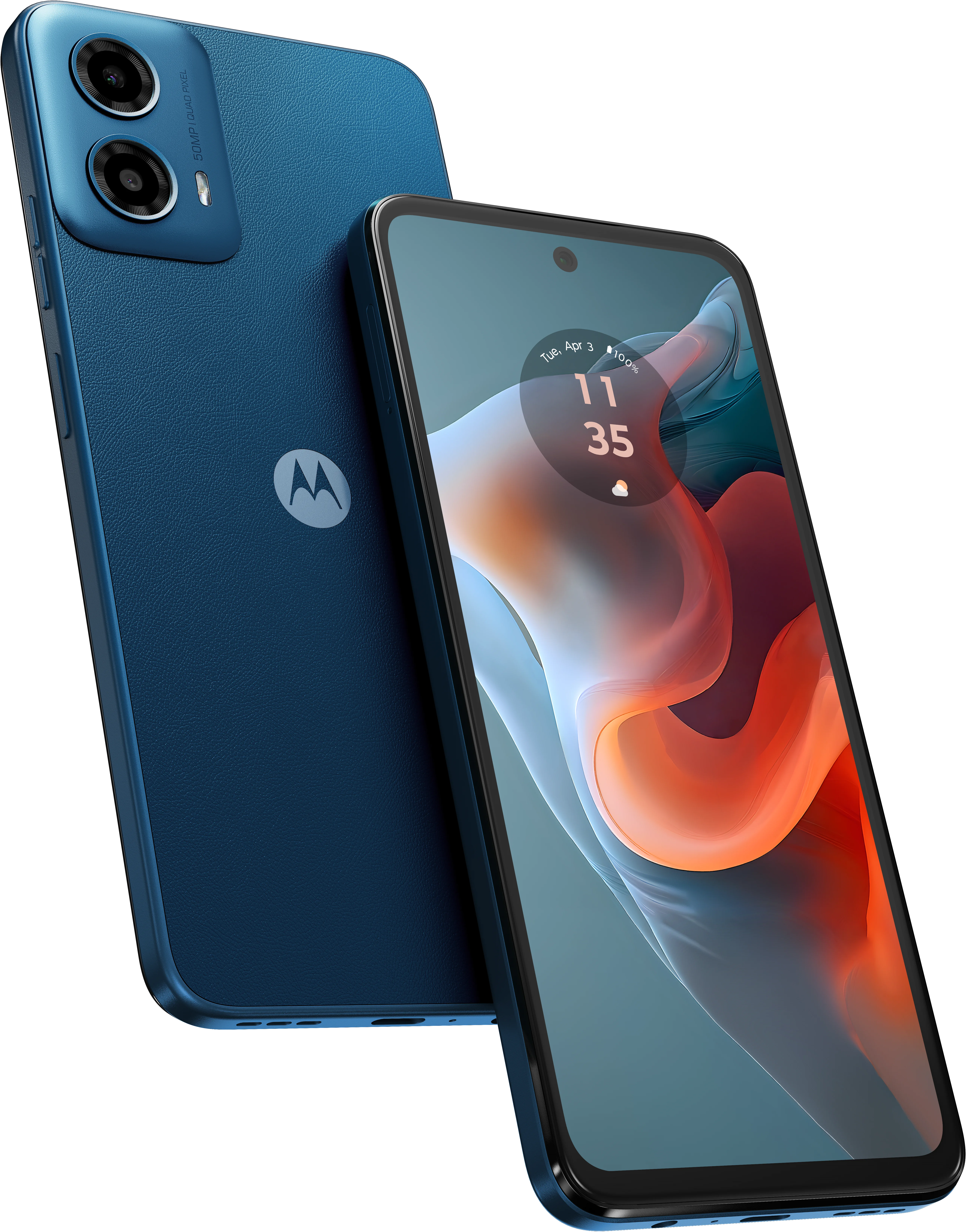moto g34 in Ocean Green, front and back view