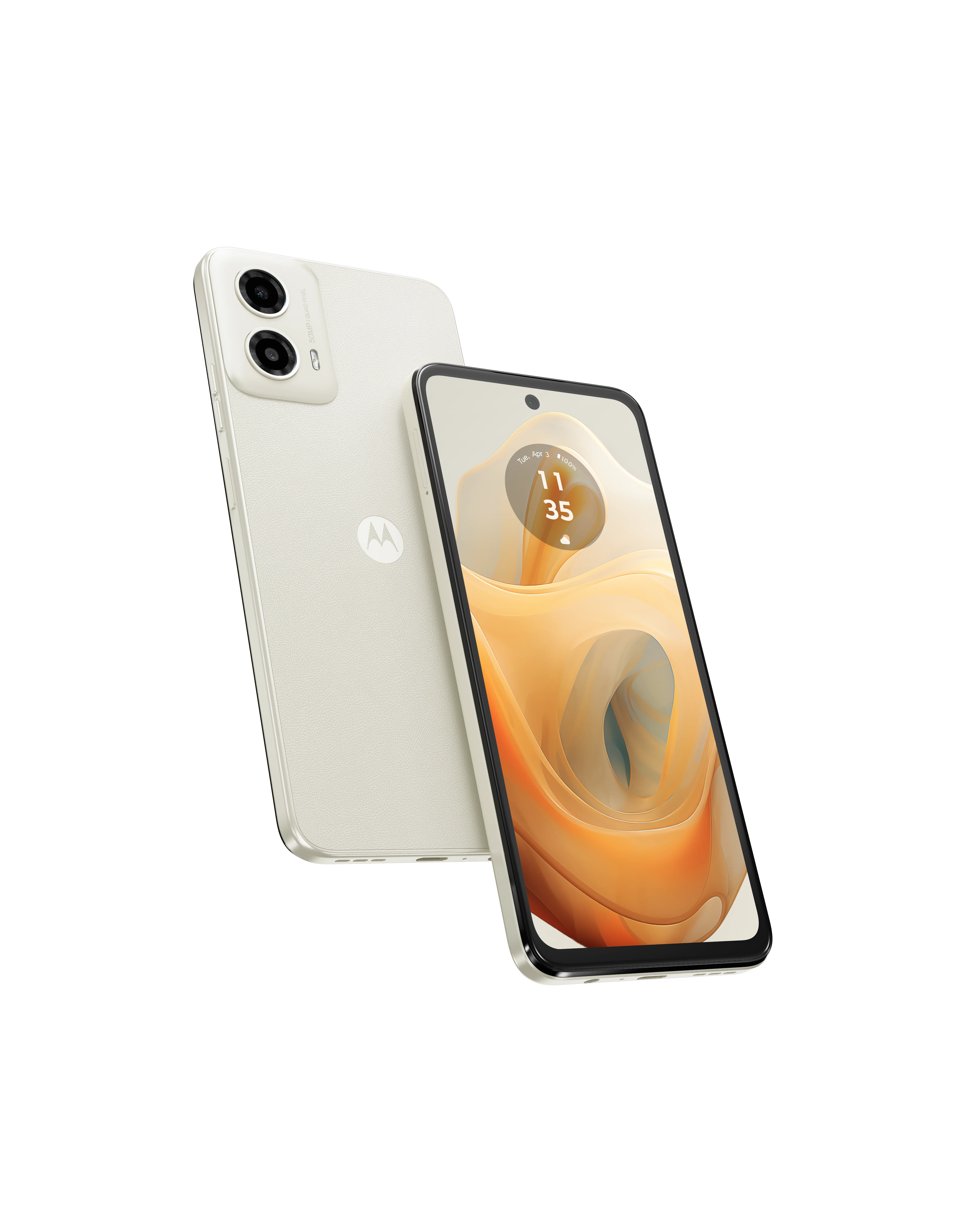 moto g34 in Vanilla Cream, front and back view