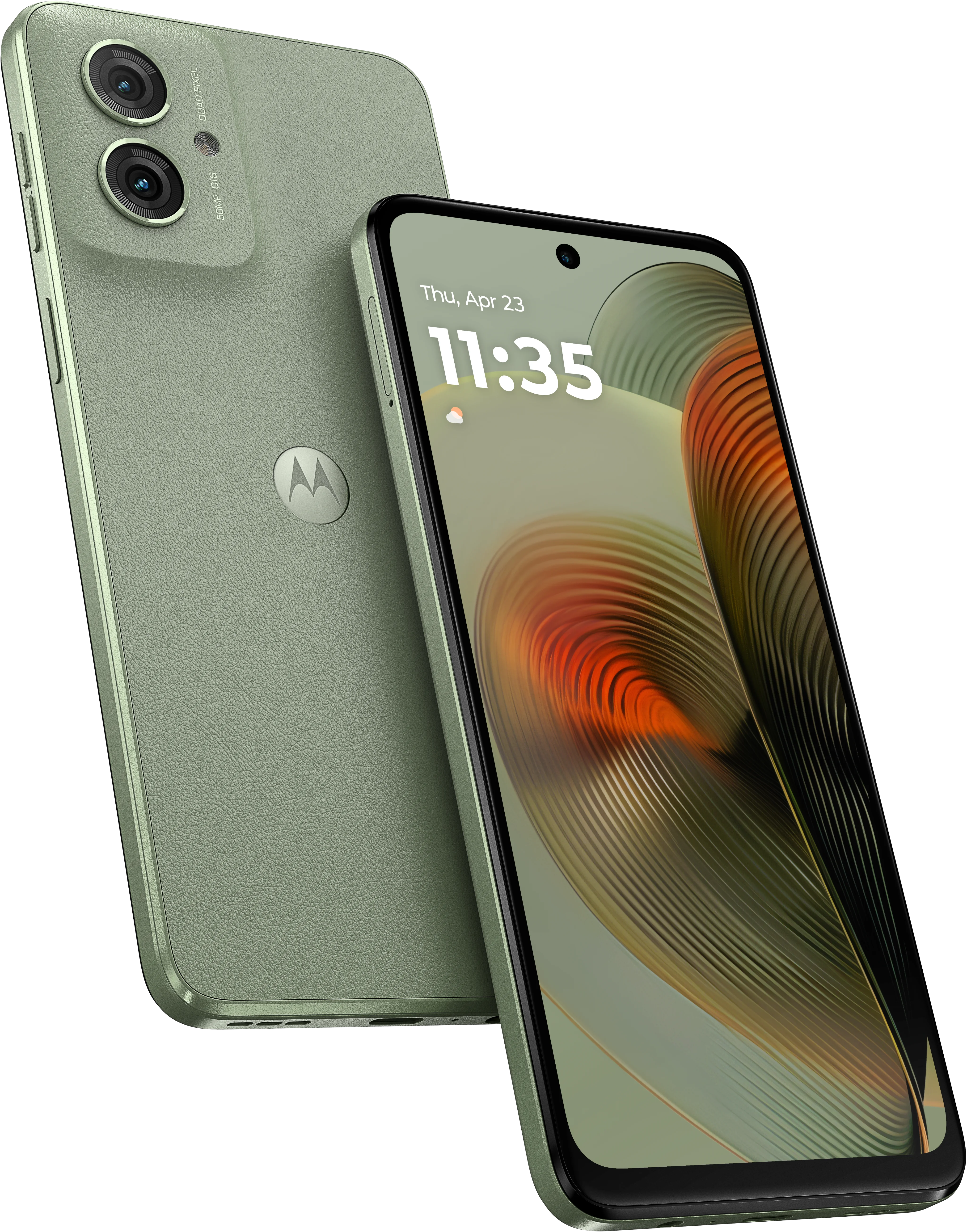 moto g55 in Smoky Green, front and back view