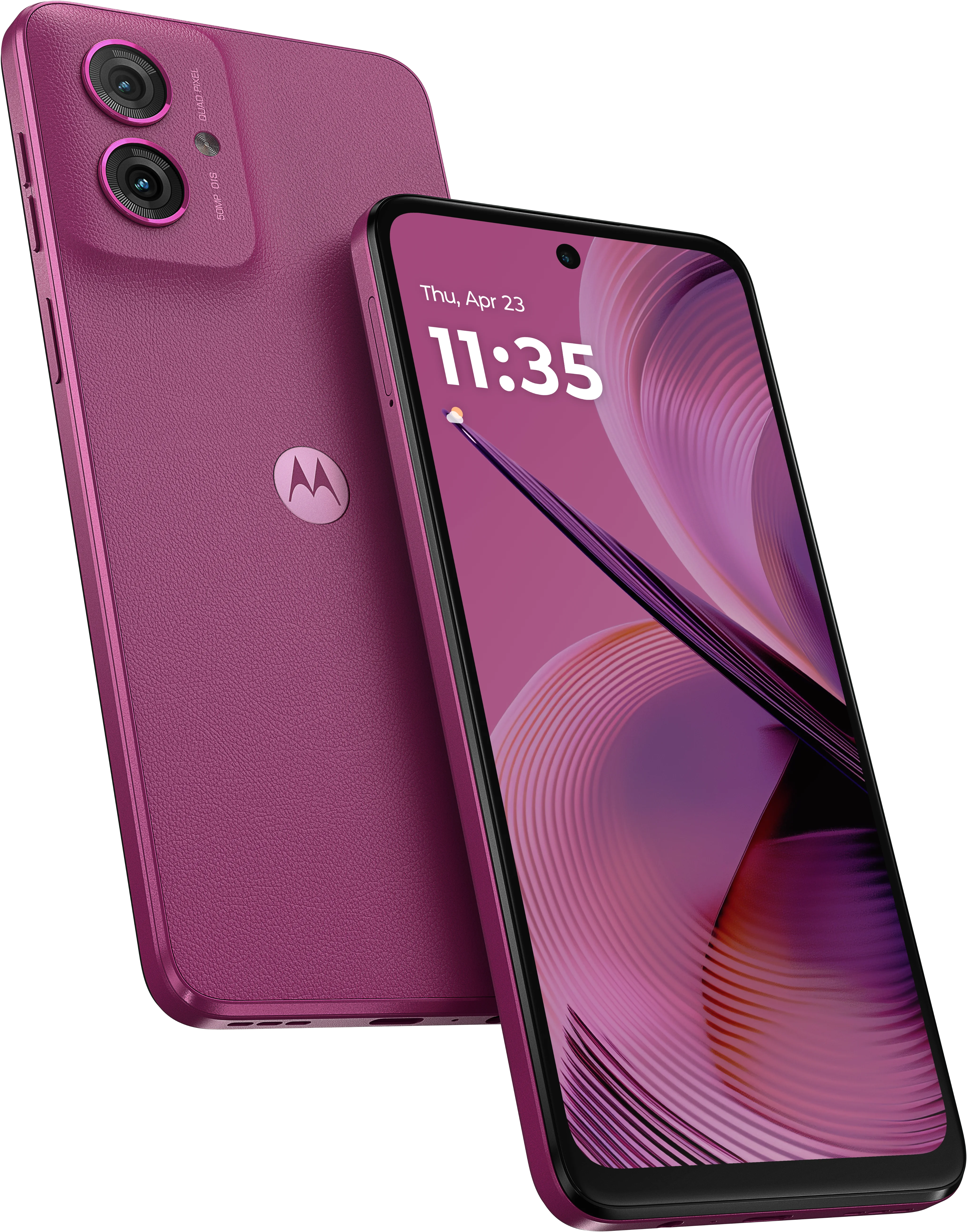 moto g55 in Twilight Purple, front and back view